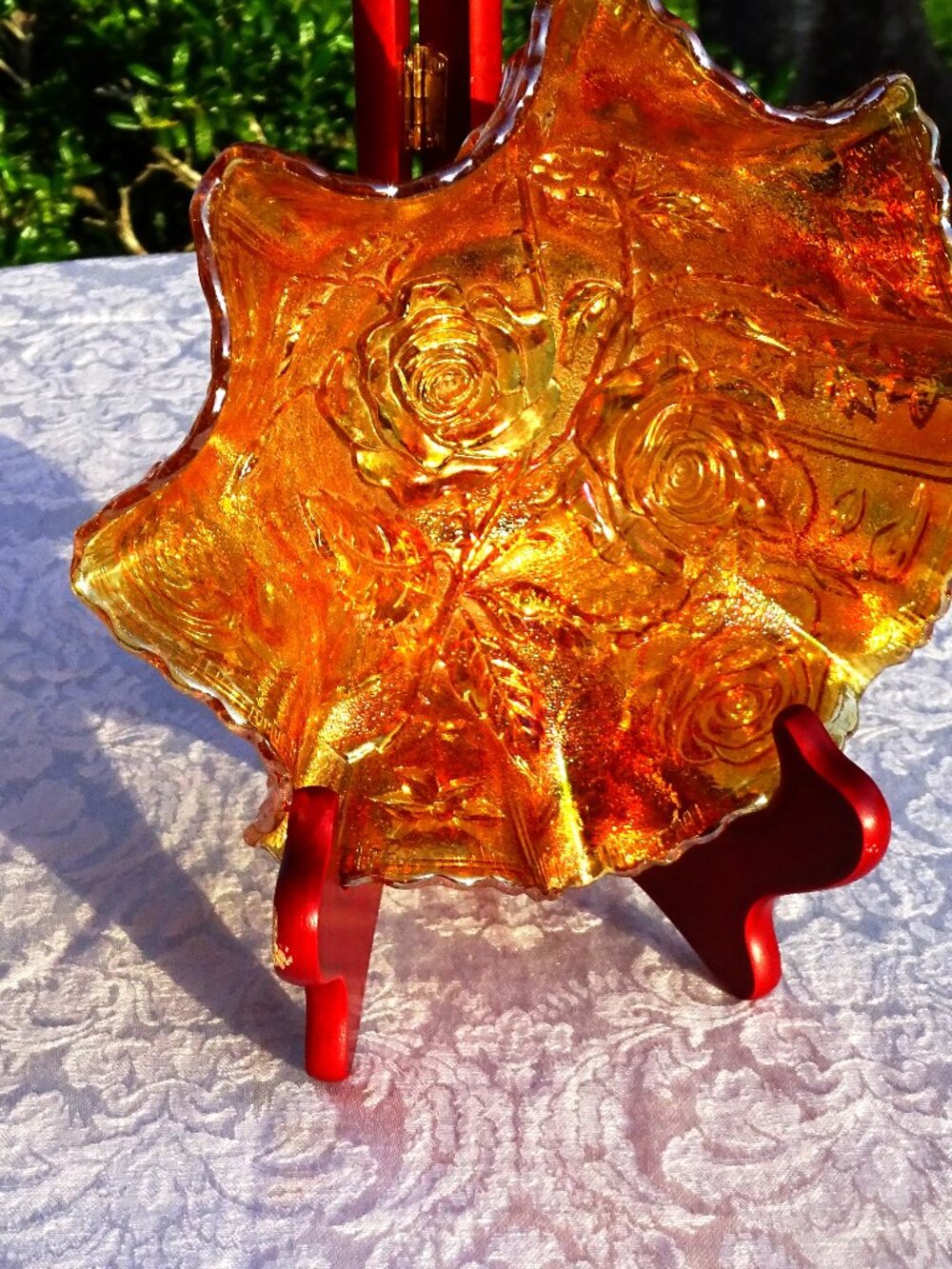 Vintage Imperial Glass American Beauty Embossed Rose Open Marigold Lustre Rose